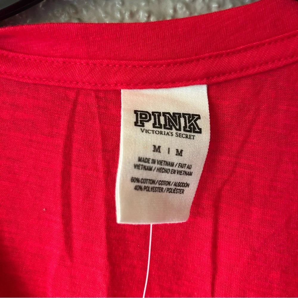 Victoria’s Secret pink V neck T-shirt red with silver writing medium NWT - Picture 4 of 5